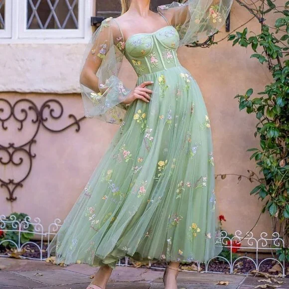 Olive Green Elegant Women's Romantic Prom Dress With Princess Puff Sleeves